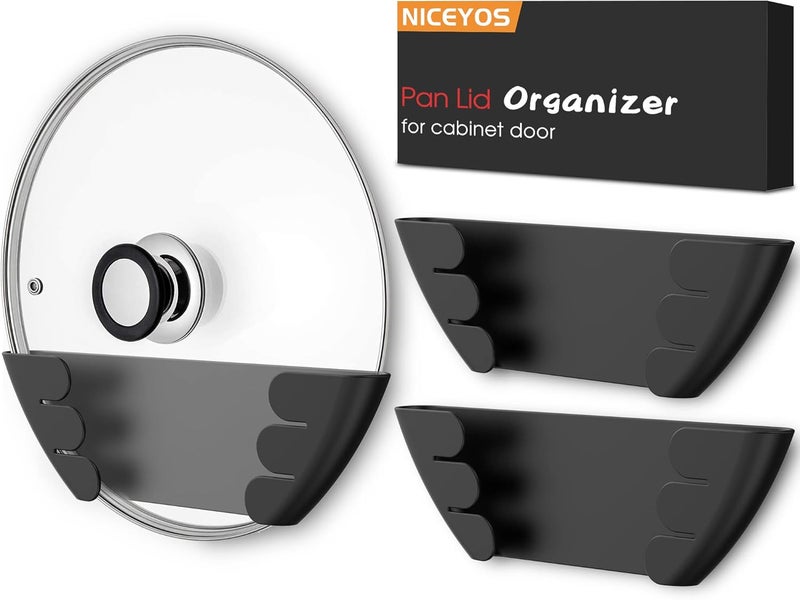 Niceyos Universal Pot Lid Organizer for Cabinet - Upgraded Patented 3 Pack Inside Cabinet Door Wall Mount Pan Top Storage Organizer Rack Holder for Kitchen, Fits 6" to 13" (Black) - Image 1